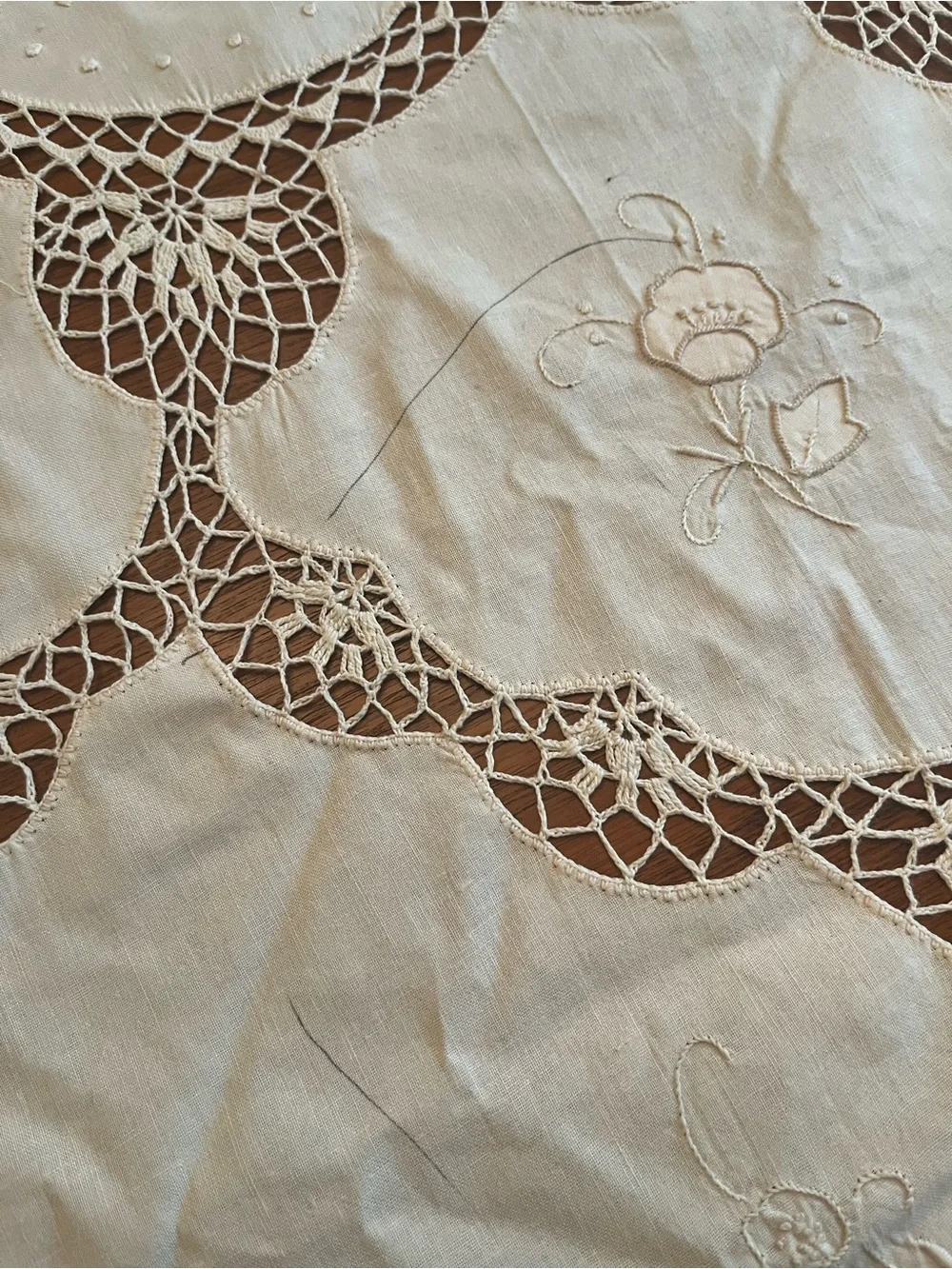 Vintage Italian Cotton Embroidered Crochet Beige Tablecloth 63” x120”